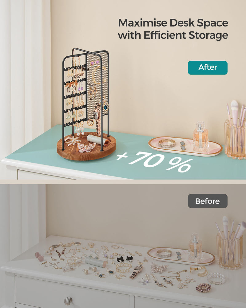 Rotating Black Jewellery Stand with Bottom Storage Tray for Organising Accessories by Songmics