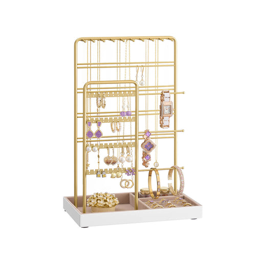 Pale Gold Metal Jewellery Stand with Velvet Tray Organiser Display by Songmics
