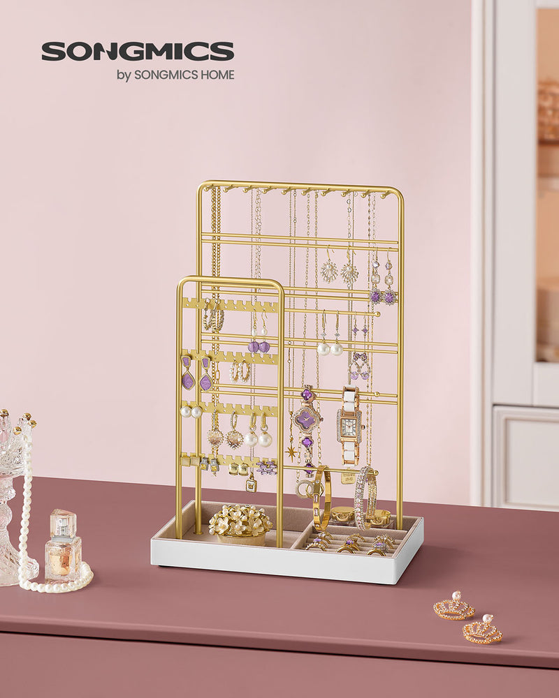 Pale Gold Metal Jewellery Stand with Velvet Tray Organiser Display by Songmics
