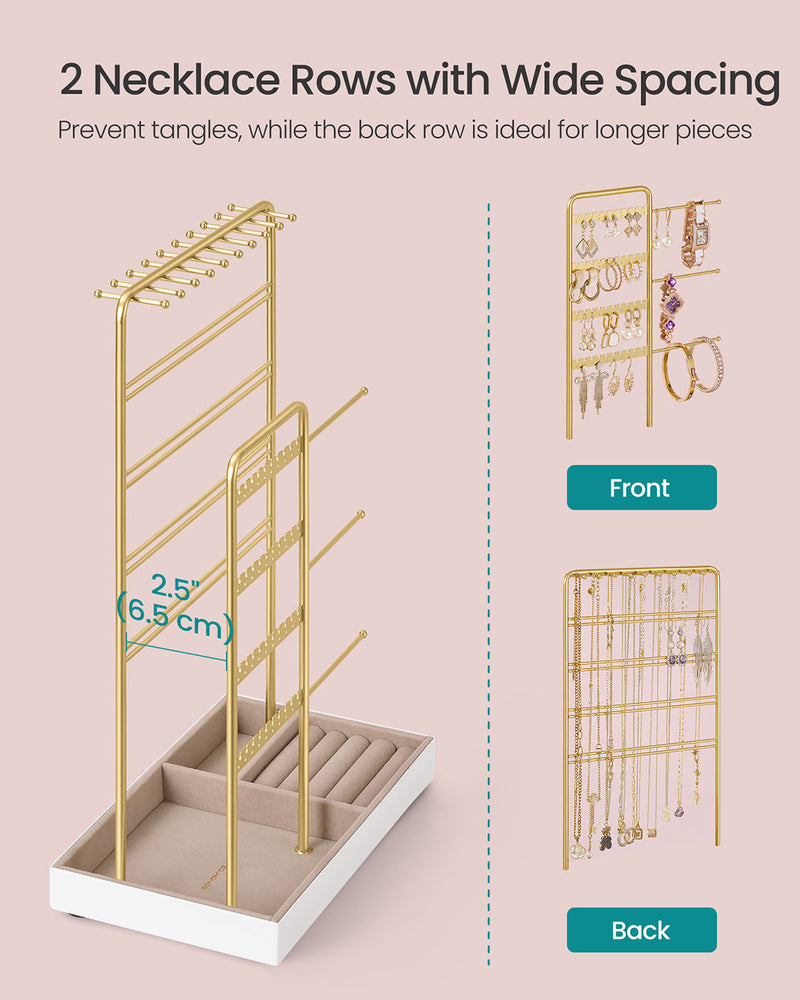Pale Gold Metal Jewellery Stand with Velvet Tray Organiser Display by Songmics