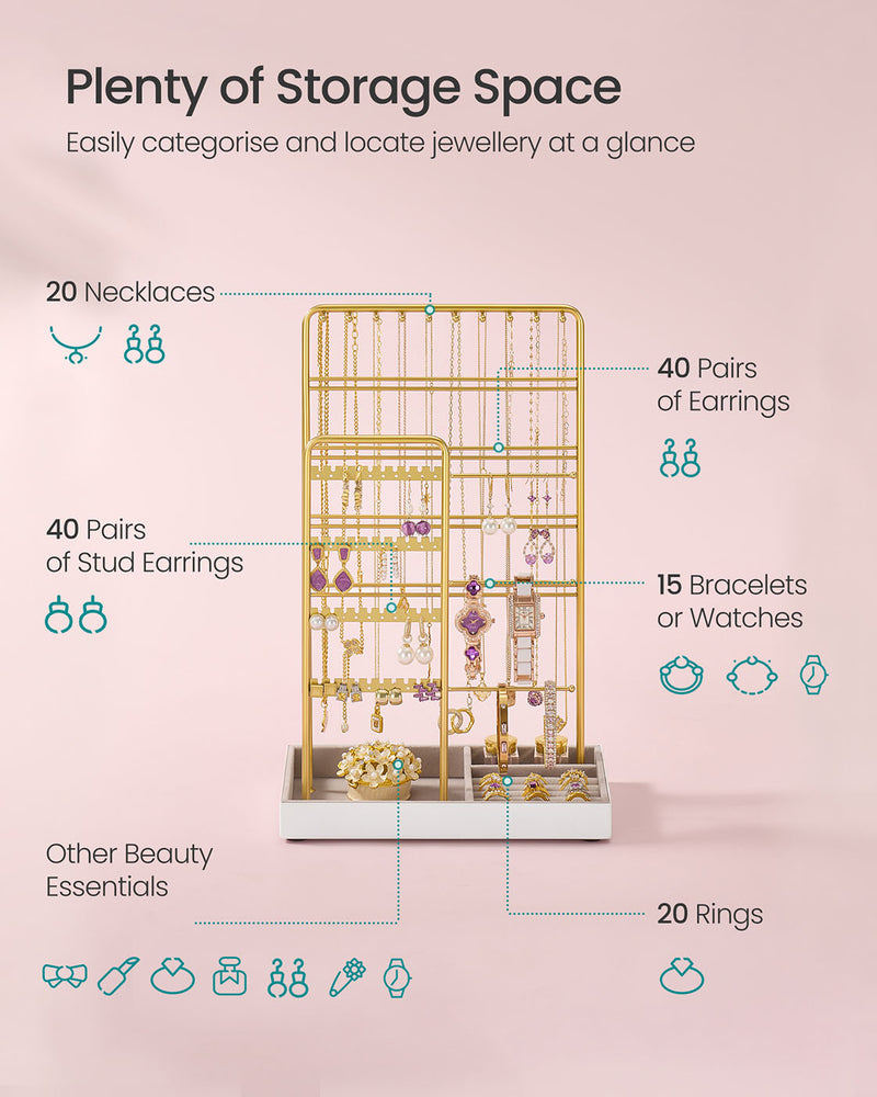 Pale Gold Metal Jewellery Stand with Velvet Tray Organiser Display by Songmics