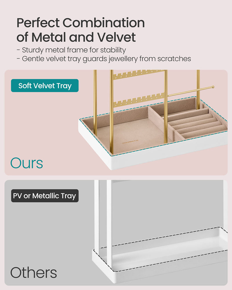 Pale Gold Metal Jewellery Stand with Velvet Tray Organiser Display by Songmics