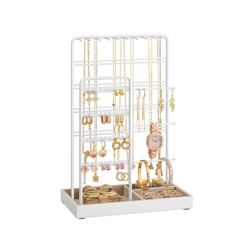 White Metal Jewellery Stand with Velvet Tray Organiser for Dressing Table by Songmics