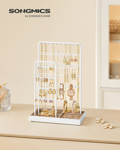 White Metal Jewellery Stand with Velvet Tray Organiser for Dressing Table by Songmics