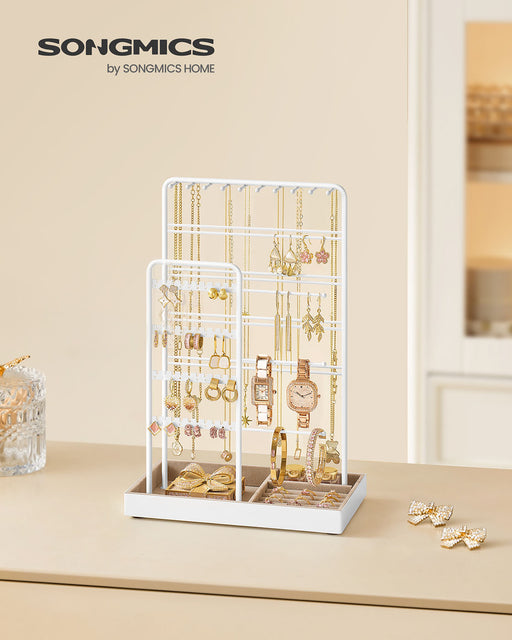 White Metal Jewellery Stand with Velvet Tray Organiser for Dressing Table by Songmics