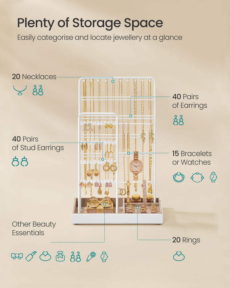 White Metal Jewellery Stand with Velvet Tray Organiser for Dressing Table by Songmics