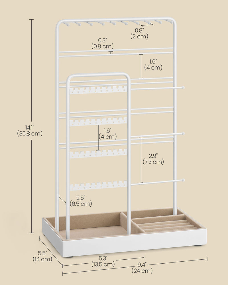 White Metal Jewellery Stand with Velvet Tray Organiser for Dressing Table by Songmics