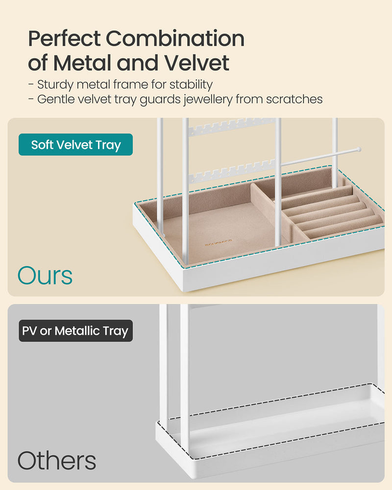 White Metal Jewellery Stand with Velvet Tray Organiser for Dressing Table by Songmics