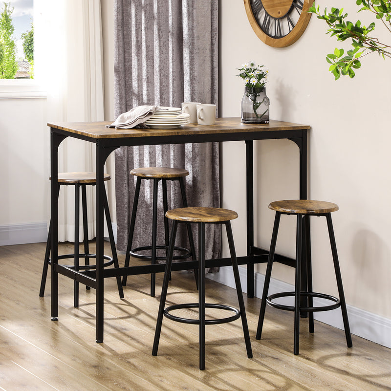5 Piece Industrial Style Bar Table and Stool Set, Brown and Black by HOMCOM