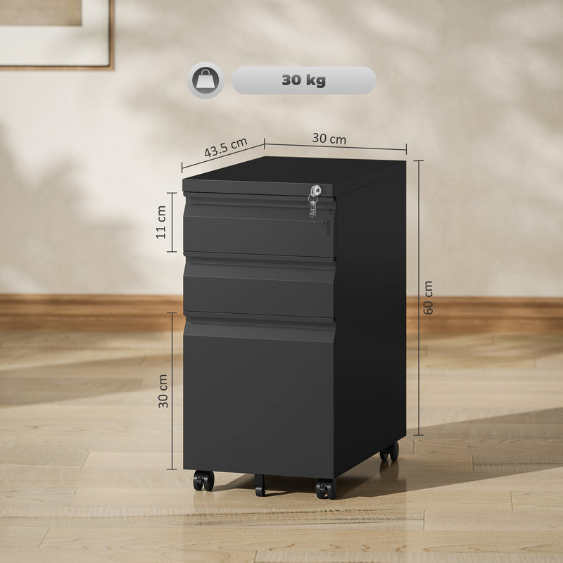 Black 3 Drawer Steel Mobile Filing Cabinet with Lock by Vinsetto