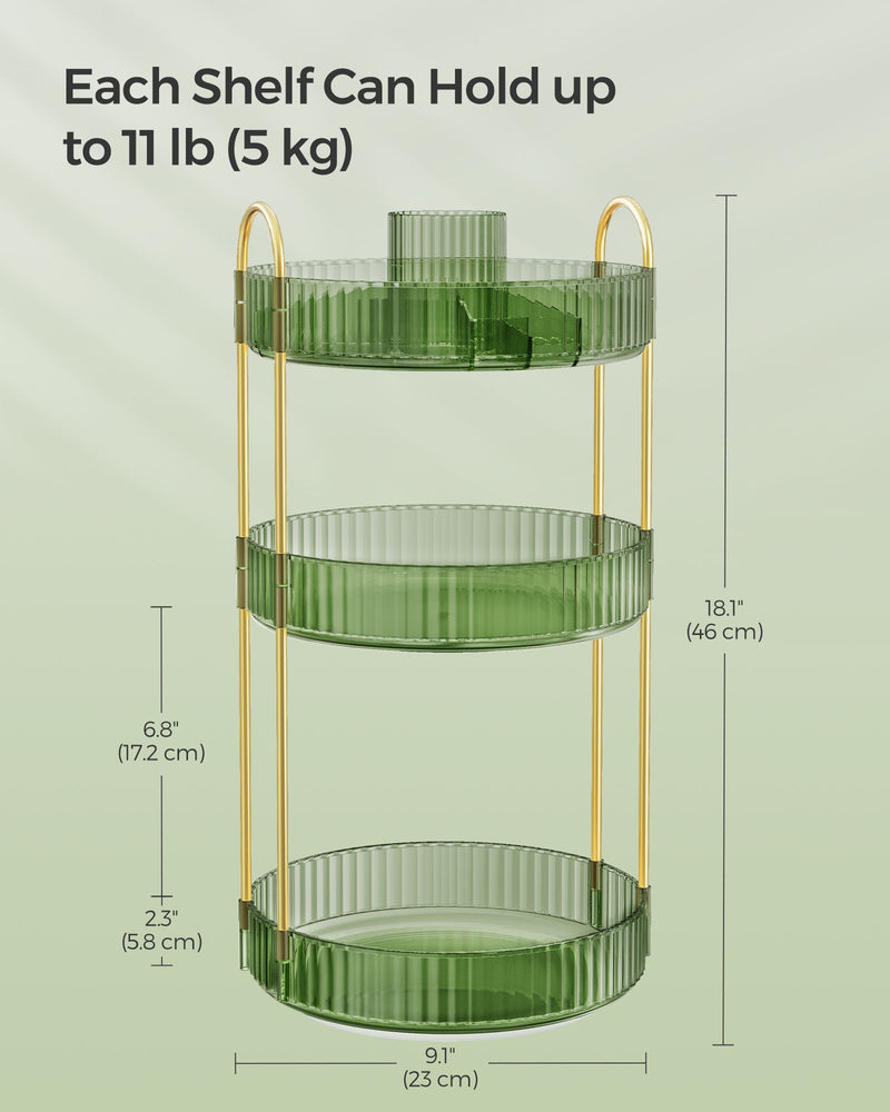 Pale Green 3 Tier Rotating Makeup Organiser for Cosmetics and Skincare by Songmics