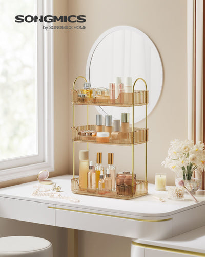 3 Tier Champagne Gold Makeup Organiser with Storage Drawers and Open Shelves by Songmics