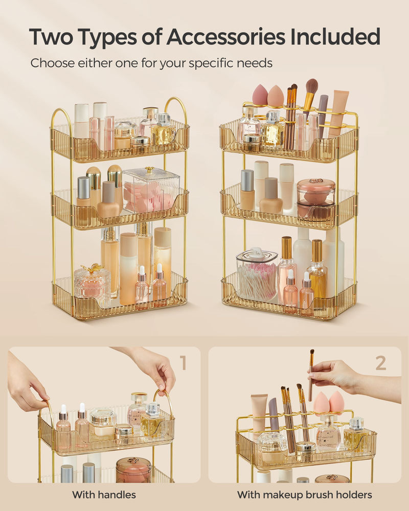 3 Tier Champagne Gold Makeup Organiser with Storage Drawers and Open Shelves by Songmics