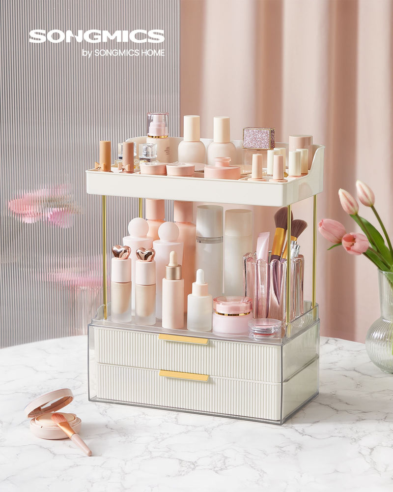 4 Tier Makeup Organiser with Dividers in Cloud White for Cosmetic Storage by Songmics