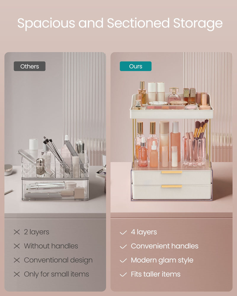4 Tier Makeup Organiser with Dividers in Cloud White for Cosmetic Storage by Songmics