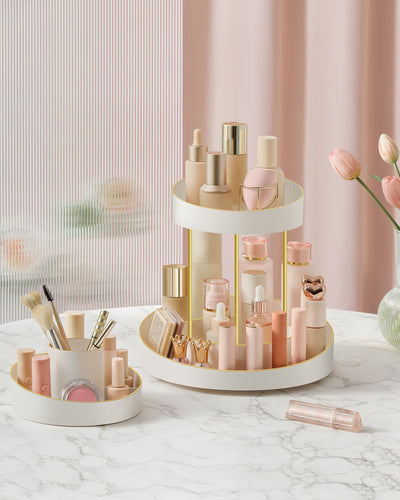 2 Tier Rotating Makeup Organiser White and Gold with 360 Degree Storage by Songmics