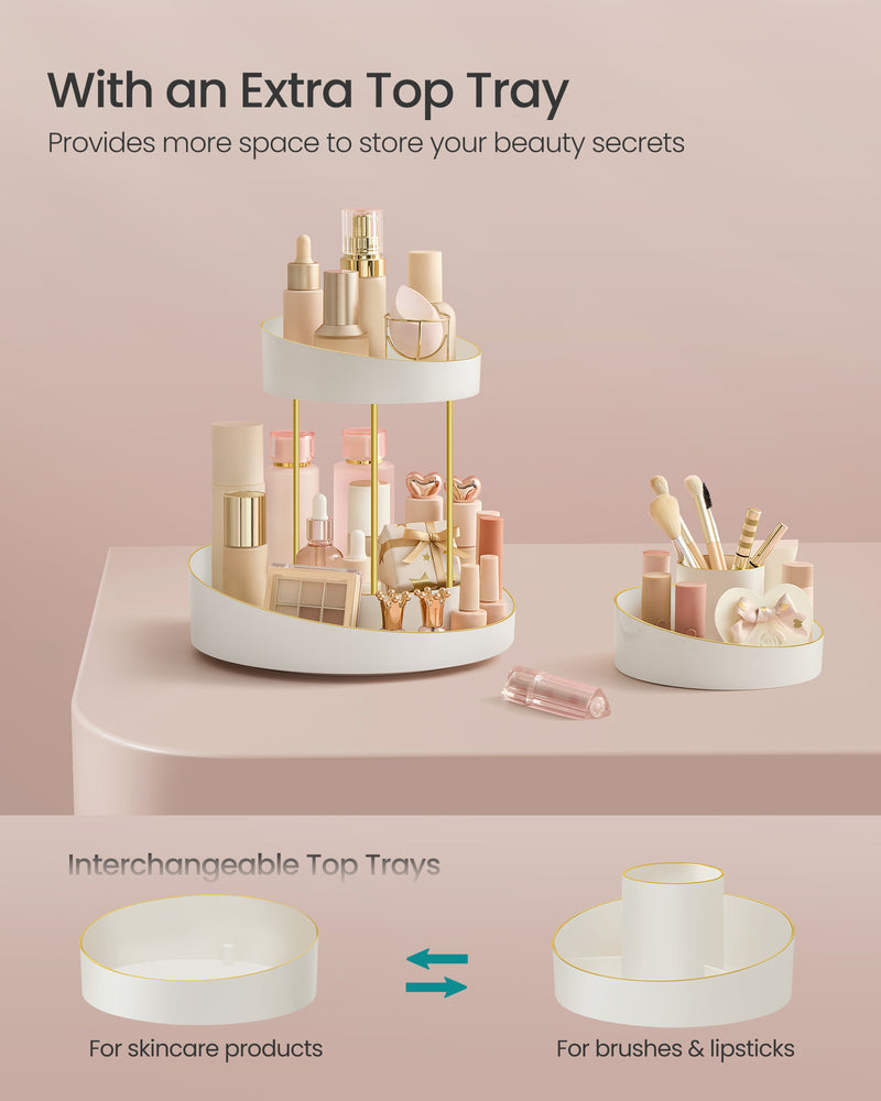 2 Tier Rotating Makeup Organiser White and Gold with 360 Degree Storage by Songmics