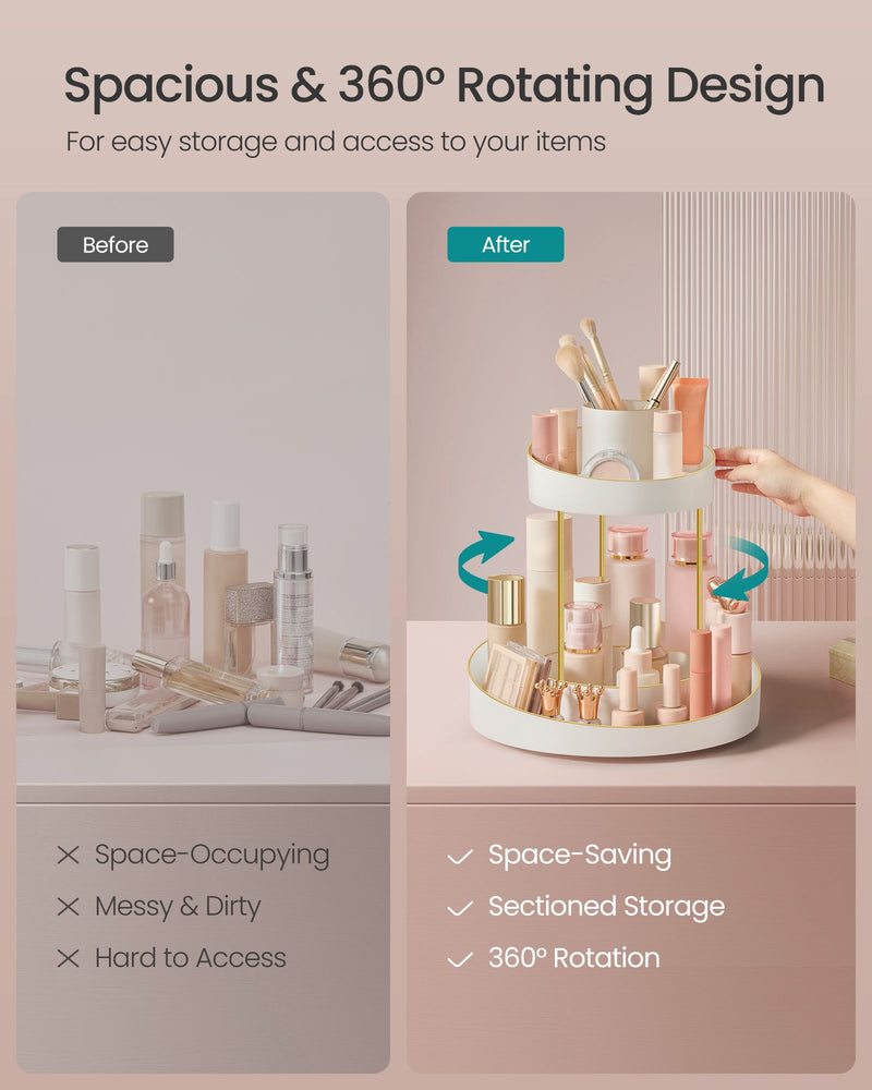 2 Tier Rotating Makeup Organiser White and Gold with 360 Degree Storage by Songmics