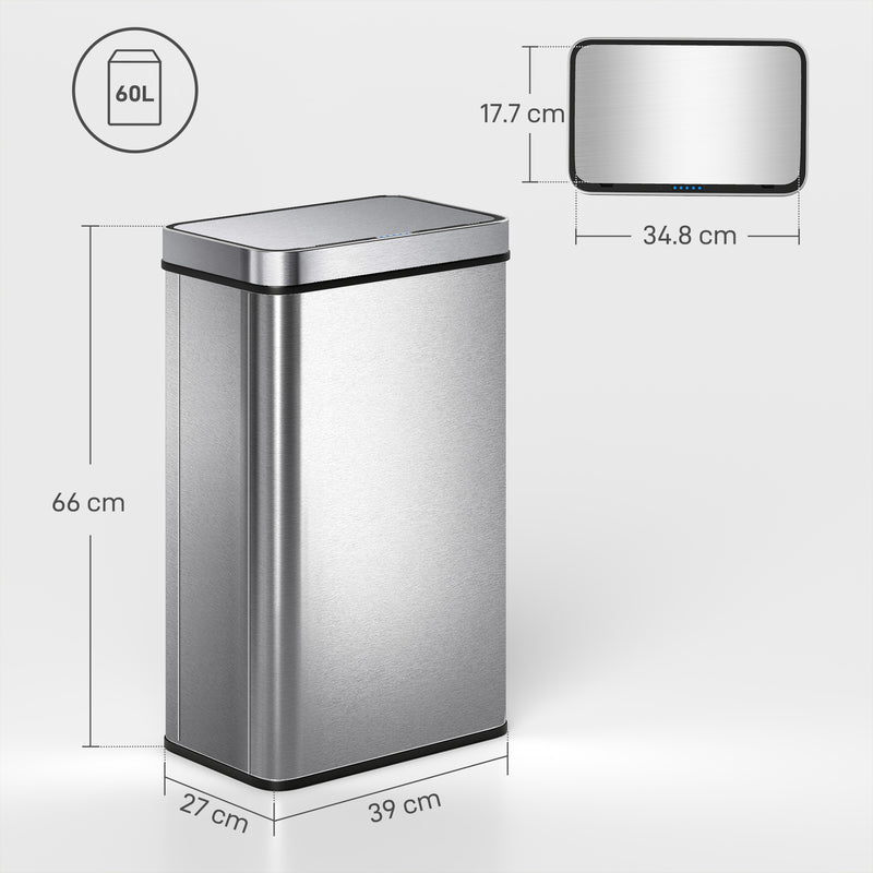 Sensor Bin 60L Touchless Waste Disposal with Odour Control for Kitchens and Offices Silver AOSOM