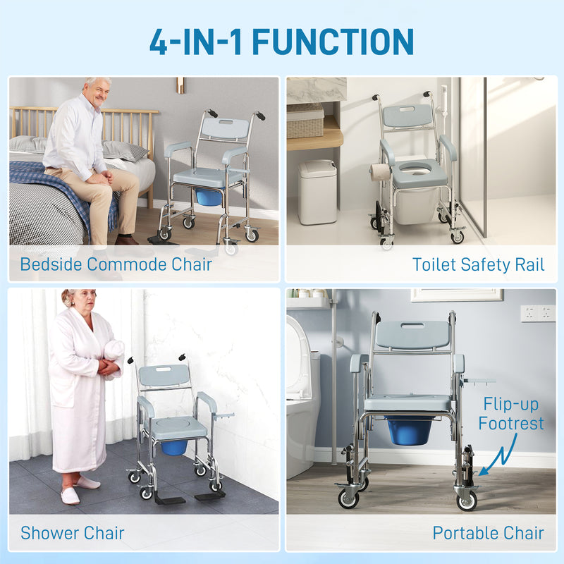 Shower Commode Chair with Lockable Wheels and Arms for Elderly or Disabled Use Grey AOSOM