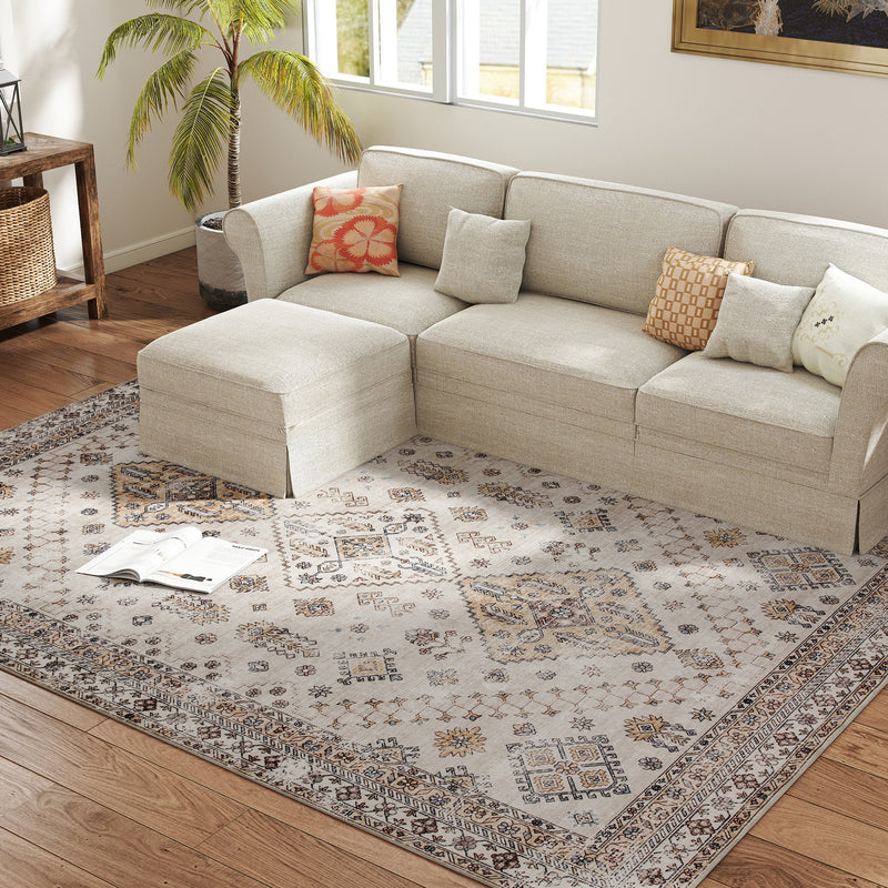 Large Washable Vintage Area Rug Non Slip Flannel Carpet for Living Room or Bedroom Beige