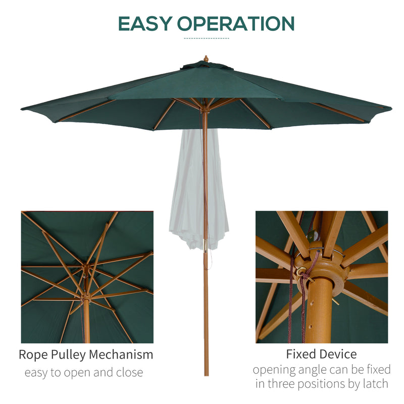 Dark Green 3m Wooden Garden Parasol With Pulley System For Stylish Patio Shade