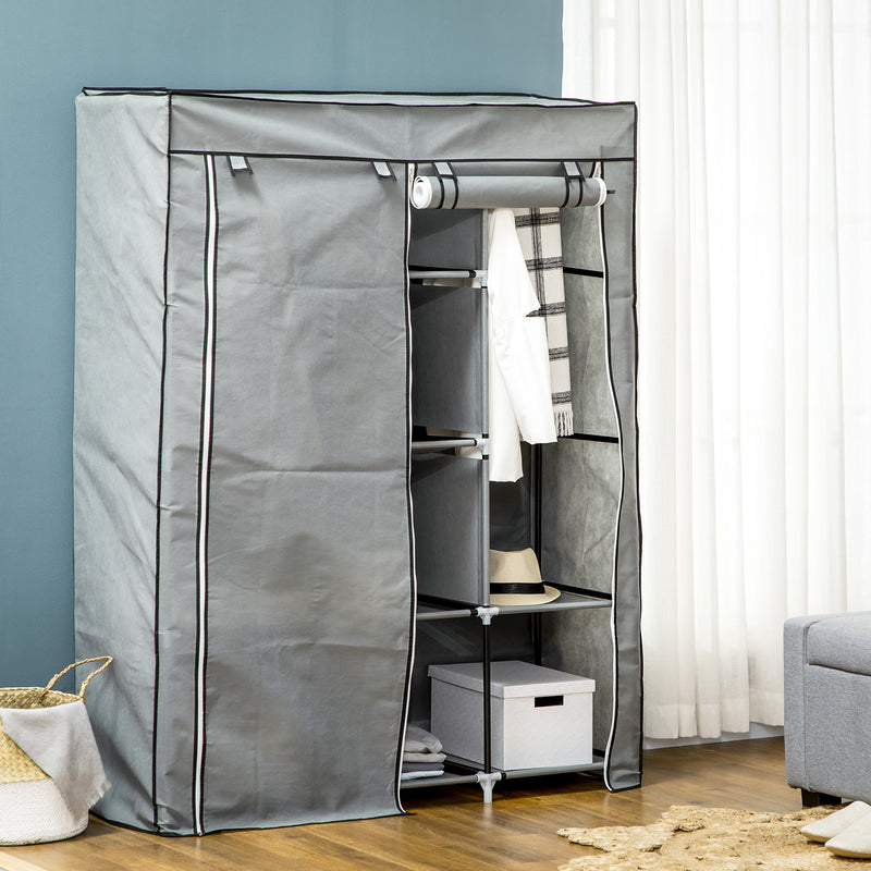 Light Grey Fabric Portable Wardrobe with 8 Shelves and 2 Hanging Rods by HOMCOM