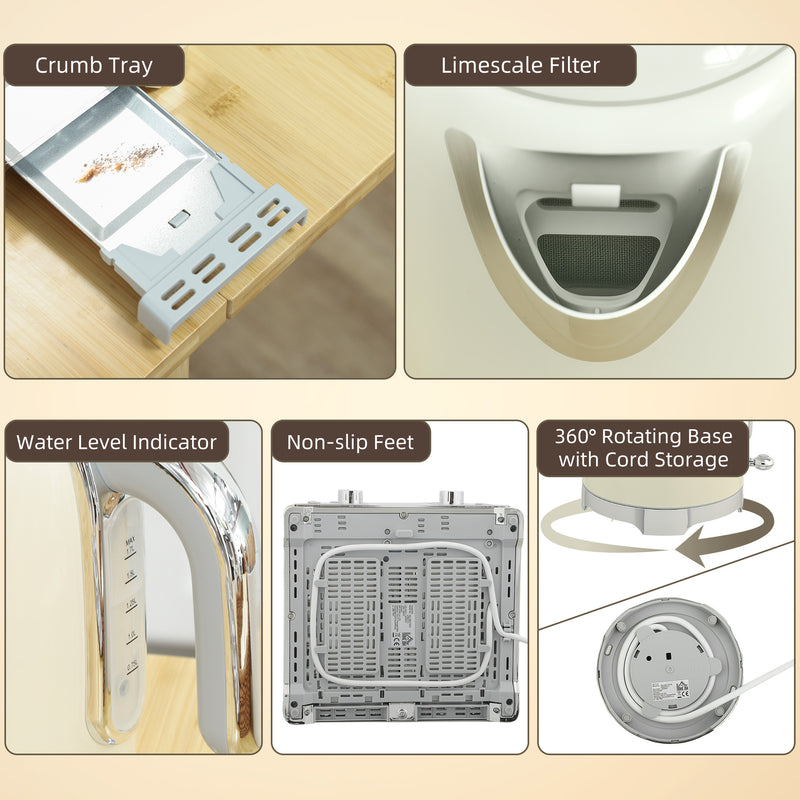 Retro Kettle and Toaster Set 3000W Fast Boil and Even Toasting Ideal for Breakfast Cream