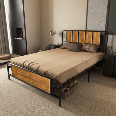 Double Bed Frame with Wood Headboard and Steel Slats for Storage and Support Rustic Brown