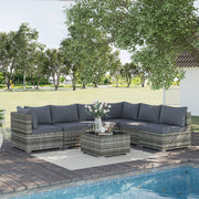 7 Seater Rattan Corner Sofa Set With Glass Table And Cushions For Garden, Dark Grey