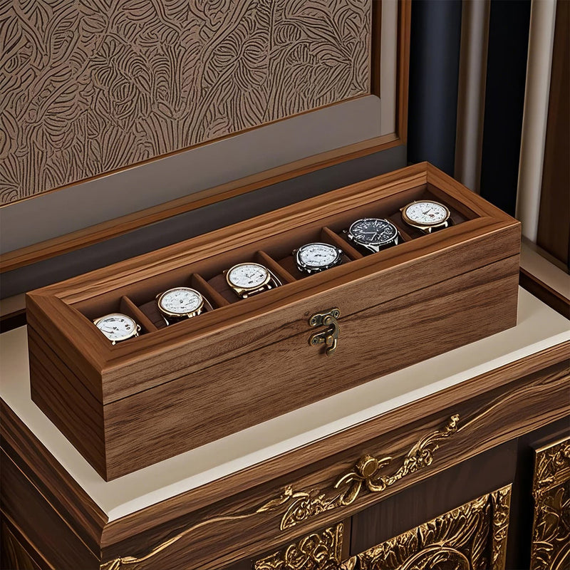 Wooden Watch Box with 6 Slots and Glass Lid Organiser for Men and Women by Songmics