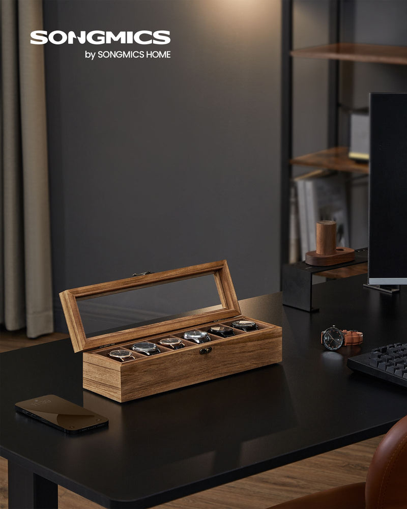 Rustic Walnut Watch Box with 6 Slots for Mens and Womens Watches by Songmics