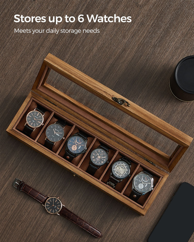 Rustic Walnut Watch Box with 6 Slots for Mens and Womens Watches by Songmics