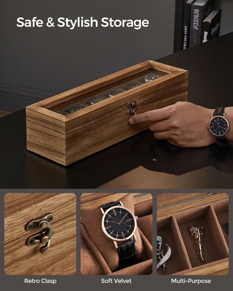 Rustic Walnut Watch Box with 6 Slots for Mens and Womens Watches by Songmics
