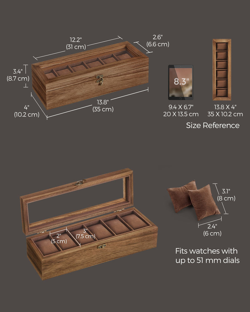 Rustic Walnut Watch Box with 6 Slots for Mens and Womens Watches by Songmics