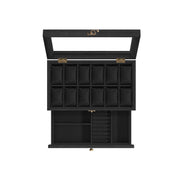 2 Tier Wooden Watch Box with Glass Lid Display and Storage in Black by Songmics
