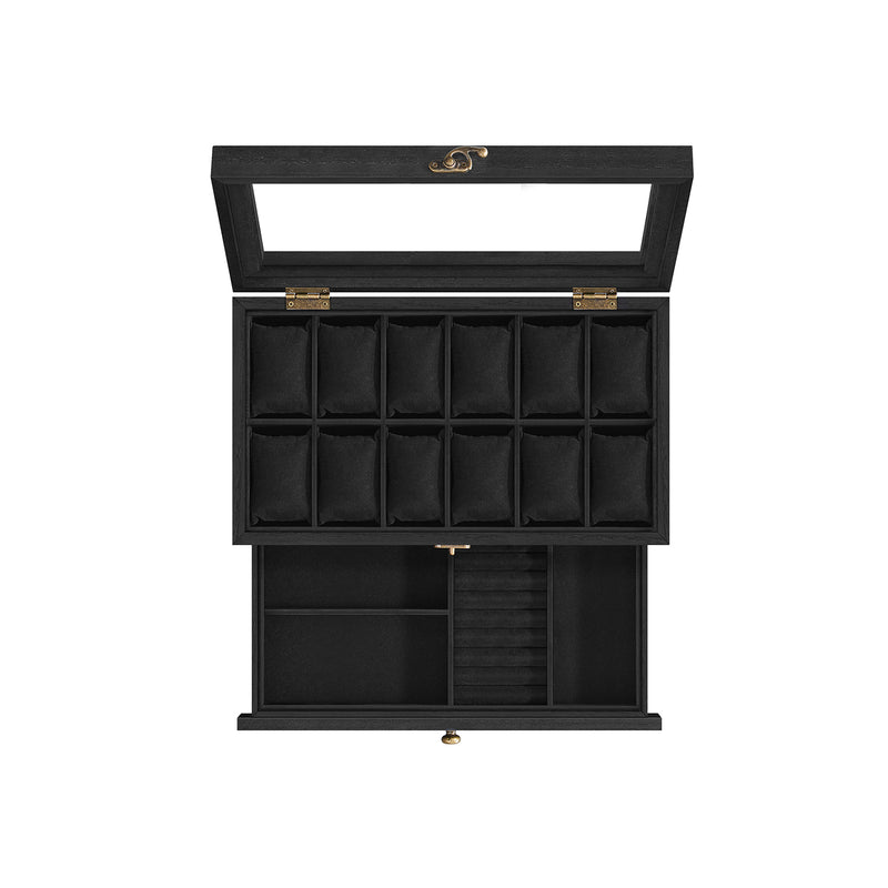 2 Tier Wooden Watch Box with Glass Lid Display and Storage in Black by Songmics