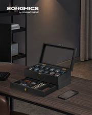 2 Tier Wooden Watch Box with Glass Lid Display and Storage in Black by Songmics