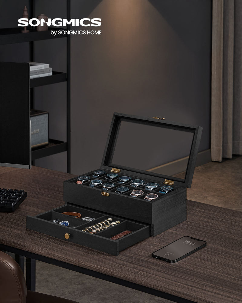 2 Tier Wooden Watch Box with Glass Lid Display and Storage in Black by Songmics