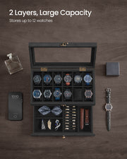 2 Tier Wooden Watch Box with Glass Lid Display and Storage in Black by Songmics