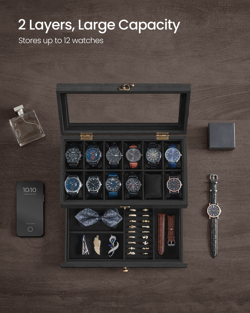2 Tier Wooden Watch Box with Glass Lid Display and Storage in Black by Songmics