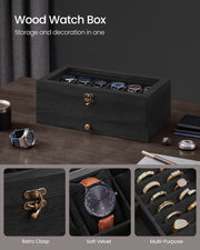 2 Tier Wooden Watch Box with Glass Lid Display and Storage in Black by Songmics