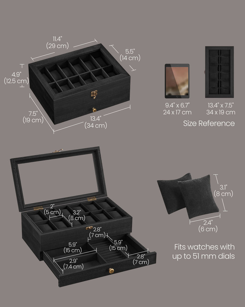 2 Tier Wooden Watch Box with Glass Lid Display and Storage in Black by Songmics