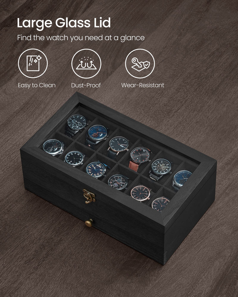 2 Tier Wooden Watch Box with Glass Lid Display and Storage in Black by Songmics