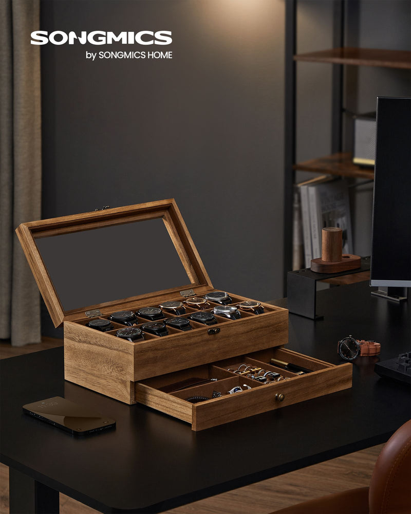 Wooden Watch Box with 12 Slots and Glass Lid 2 Tier Display Case Organiser by Songmics