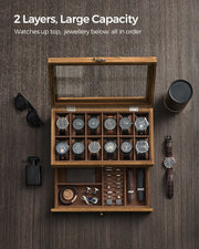 Wooden Watch Box with 12 Slots and Glass Lid 2 Tier Display Case Organiser by Songmics
