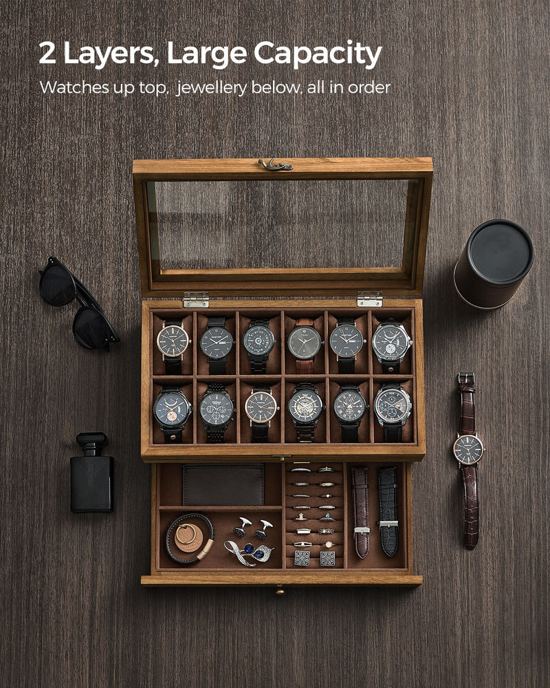 Wooden Watch Box with 12 Slots and Glass Lid 2 Tier Display Case Organiser by Songmics