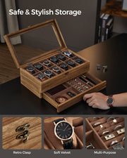 Wooden Watch Box with 12 Slots and Glass Lid 2 Tier Display Case Organiser by Songmics