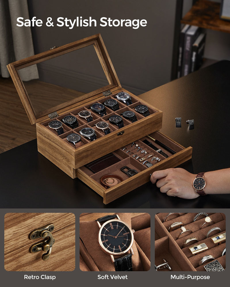 Wooden Watch Box with 12 Slots and Glass Lid 2 Tier Display Case Organiser by Songmics