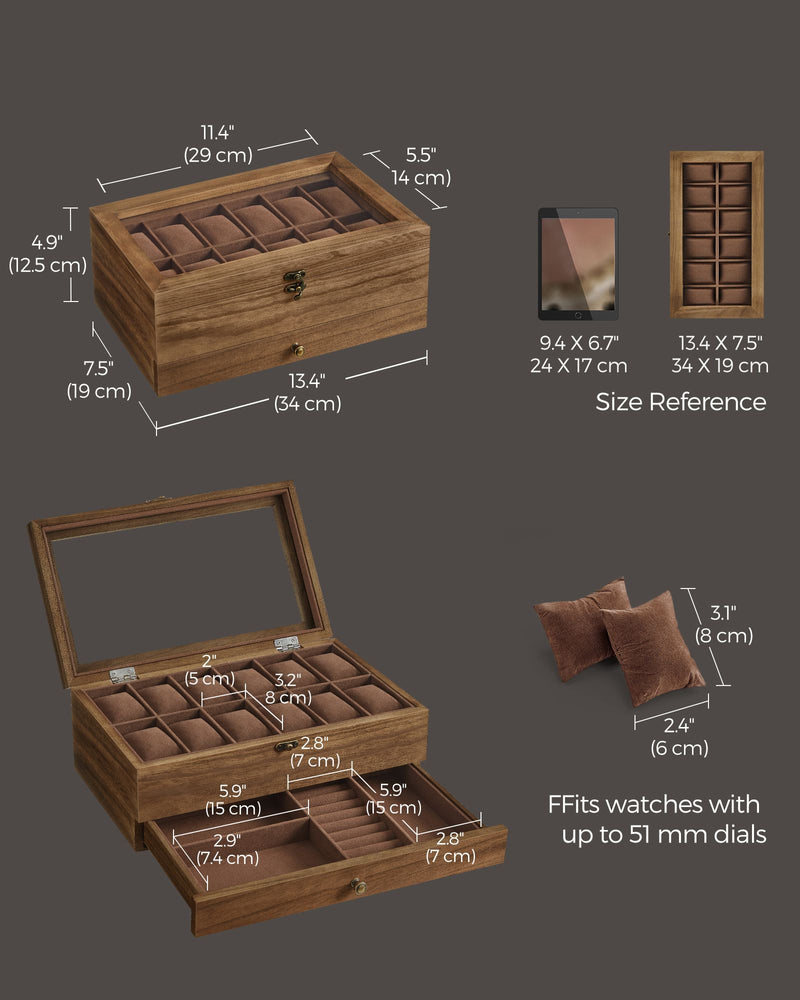 Wooden Watch Box with 12 Slots and Glass Lid 2 Tier Display Case Organiser by Songmics